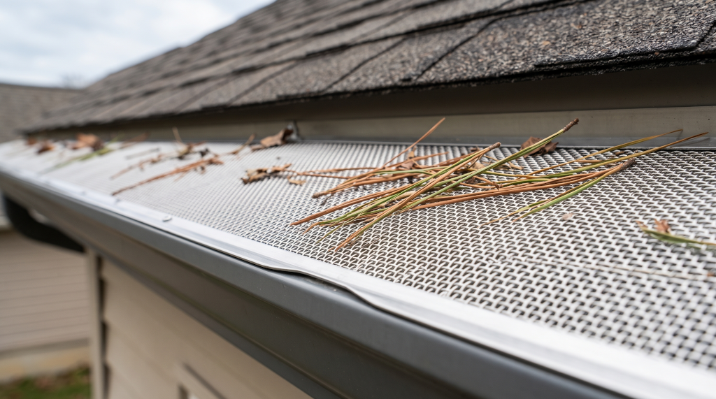 Close up of a surgical steel micro-mesh gutter guard repelling pine needles