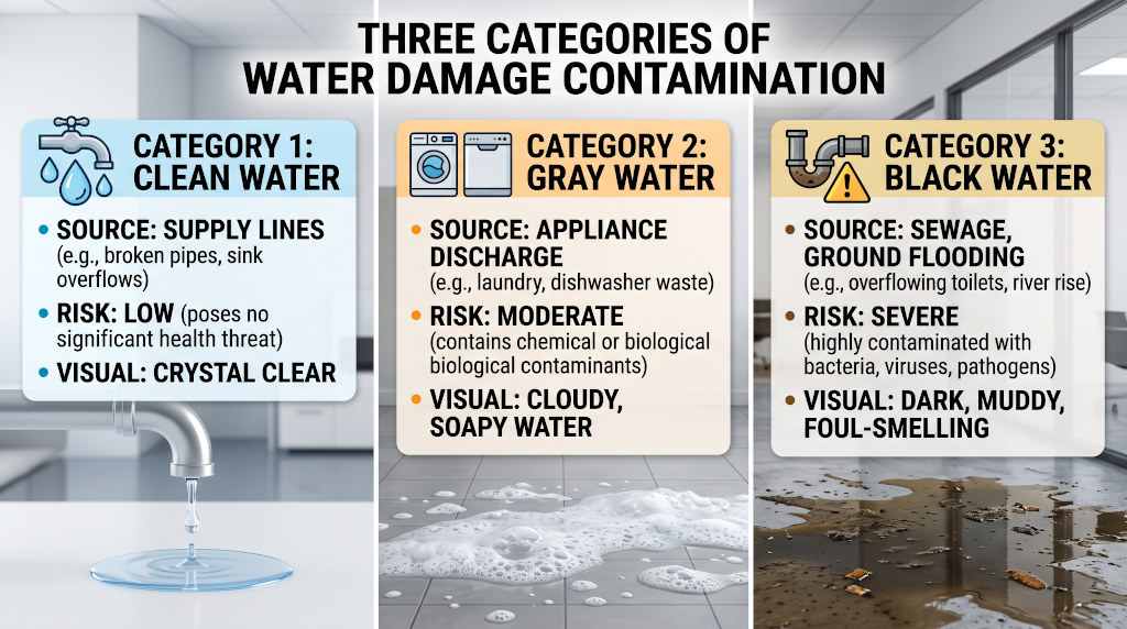 Infographic explaining the three categories of water damage contamination