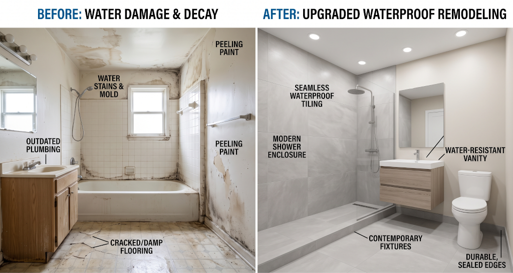 Upgraded waterproof bathroom remodeling after water damage
