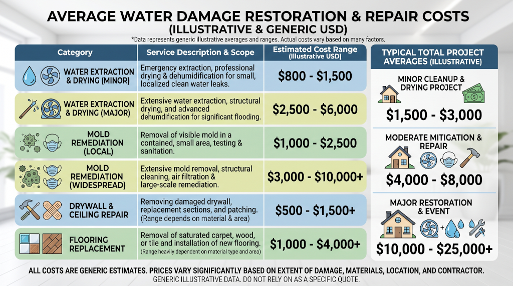 Table showing the average costs for water damage restoration and repair