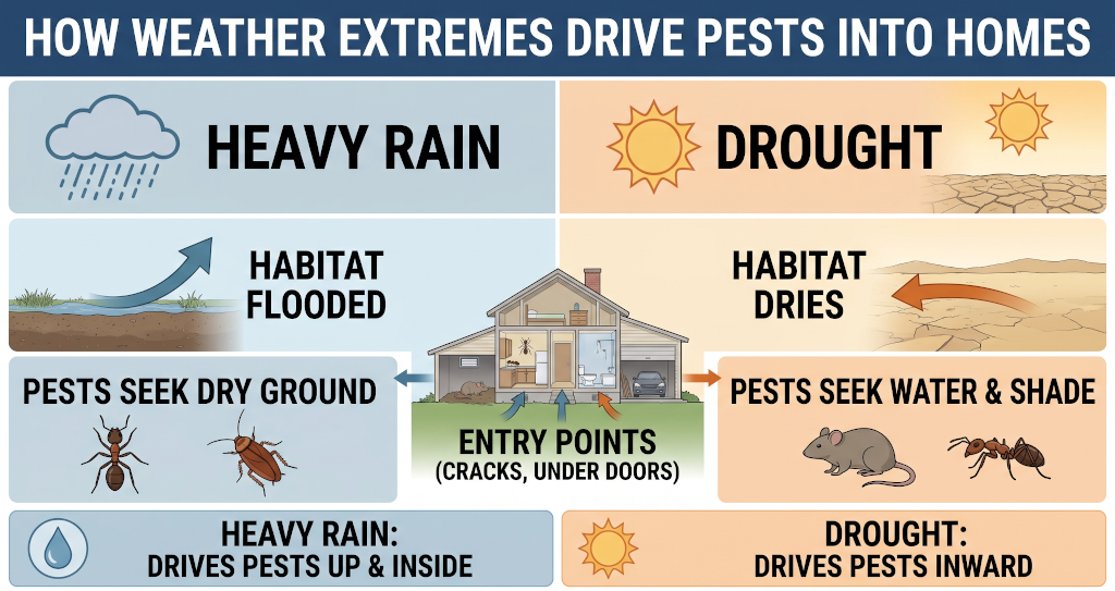 Diagram showing how heavy rain and droughts push pests into residential homes