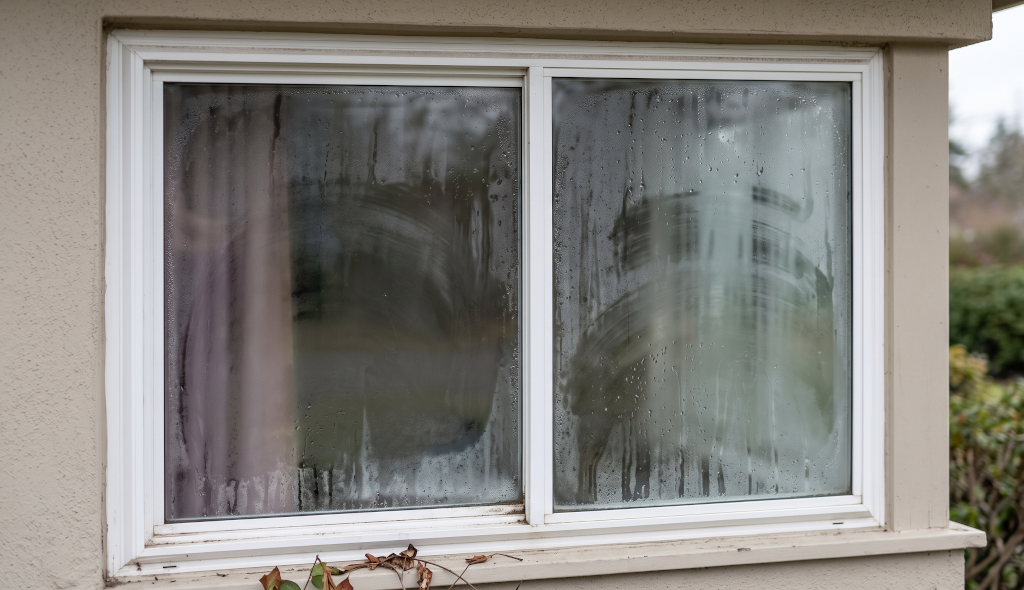 Foggy window glass indicating permanent seal failure